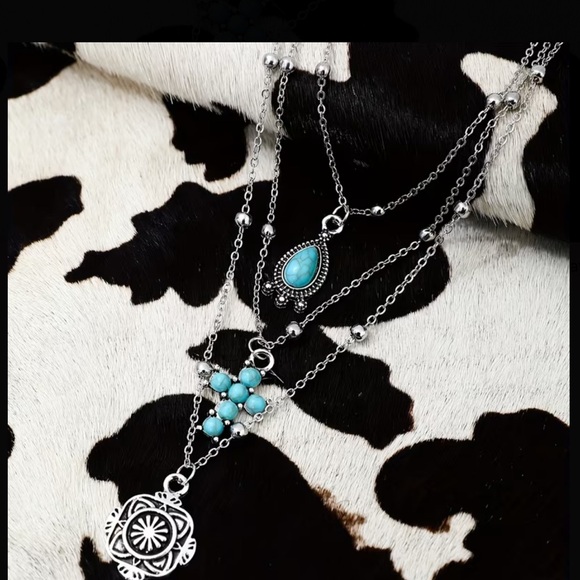 3 piece Layered Silver Turquoise Necklace set - Picture 6 of 6